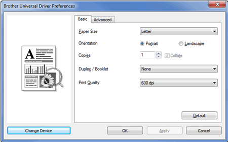 Basic tab in the Printer Preferences Dialog