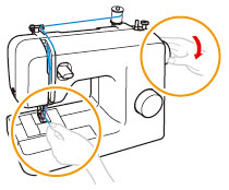 While lightly holding the end of the upper thread, slowly turn the handwheel toward you (counterclockwise) by hand to lower and then raise the needle.