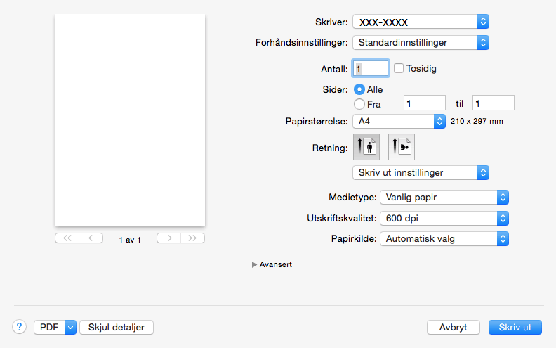 Skriv ut innstillinger