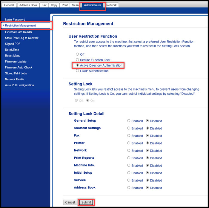 Active Directory Authentication screen