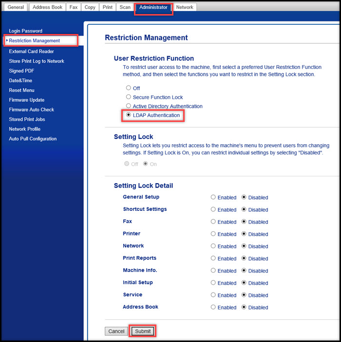 Active Directory Authentication screen