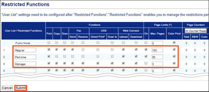 User List / Restricted Functions